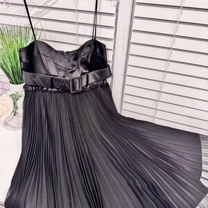 ABS Allen Schwartz Black Satin Belted Midi Dress